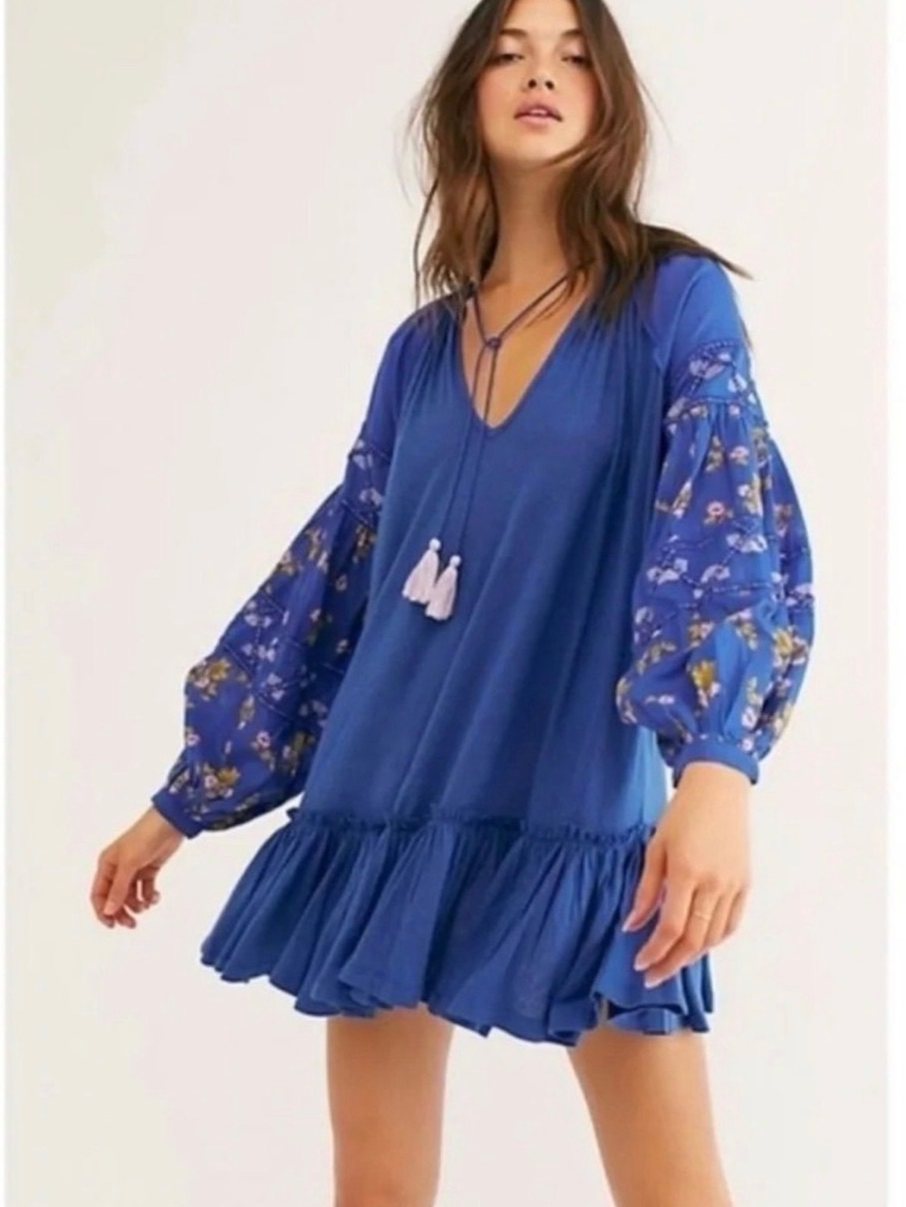 Free People Mix It Up Blue Floral Embroidered Tunic Mini Dress - Small